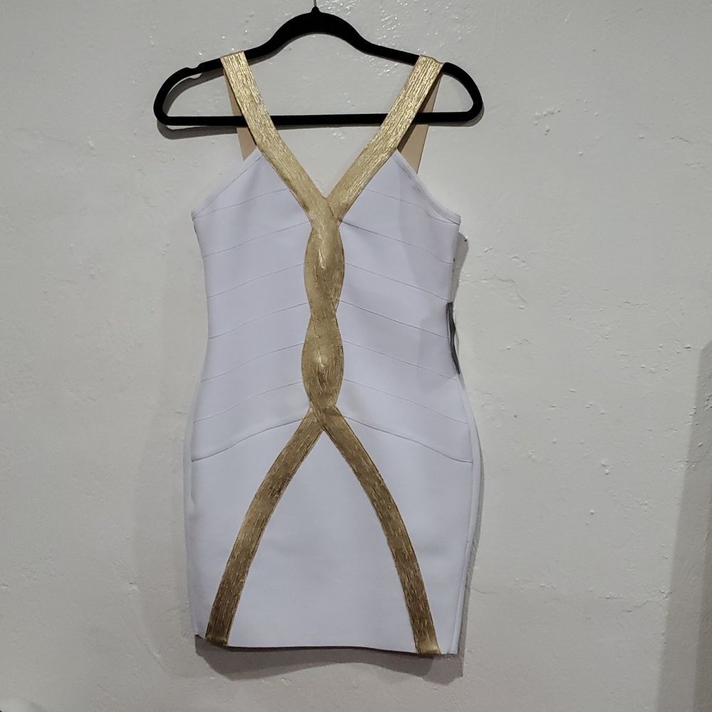 Venus Elegant White Bandage Bodycon Dress With Brushed Gold Trim Size M